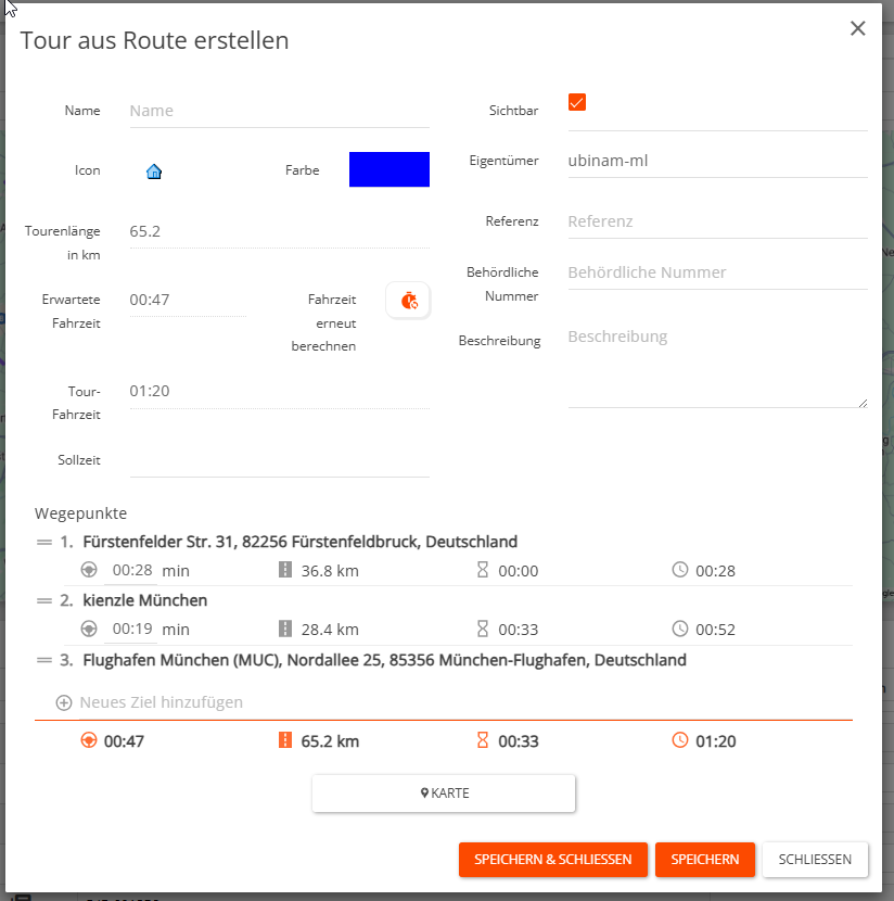 Tour speichern und bearbeiten