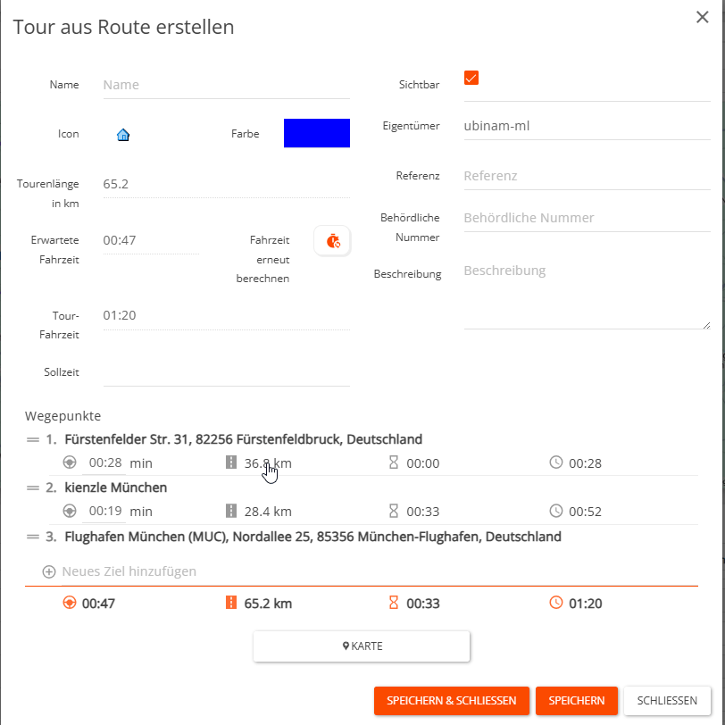 Tour speichern und bearbeiten